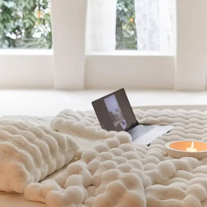 Luxurious Beige Faux Rabbit Fur Throw Blanket – rear view