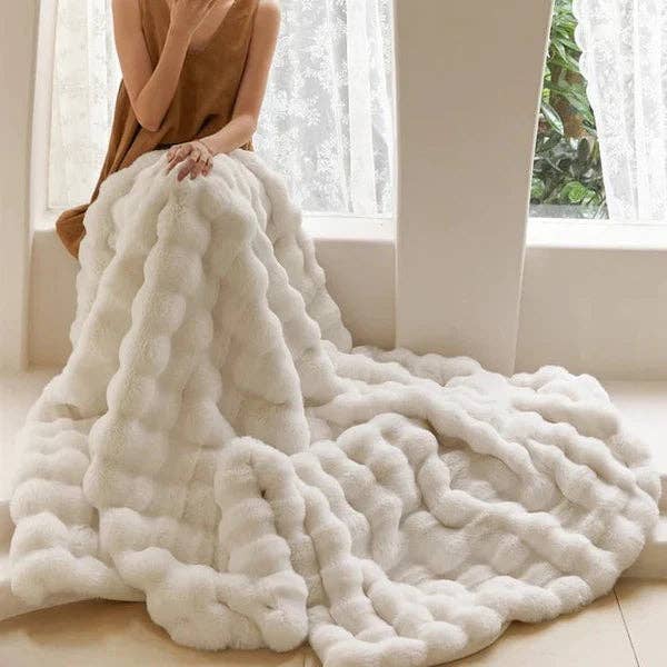 Luxurious Beige Faux Rabbit Fur Throw Blanket – lifestyle setting