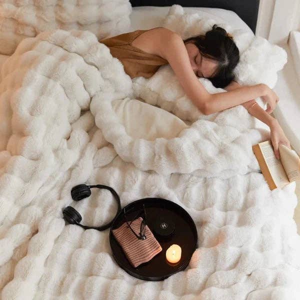 Luxurious Beige Faux Rabbit Fur Throw Blanket – top-down view