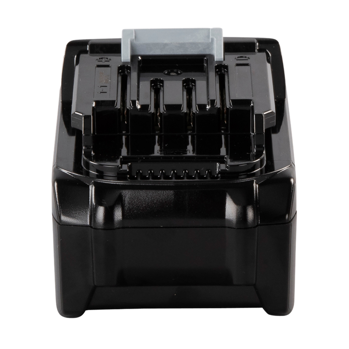 Black power tool battery pack on a white background