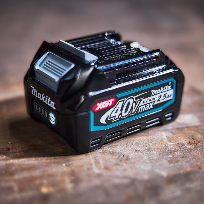 Makita 40V max battery on a wooden surface