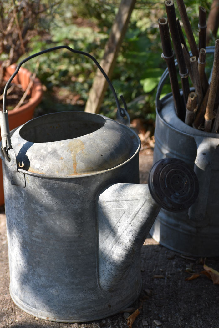 Close-up of a weathered metal watering can outdoors