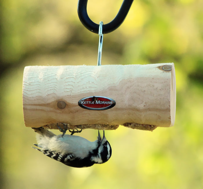 Mini clinger log feeder has three holes on the bottom and hangs from a silver hook. A downy woodpecker clings to it eating.