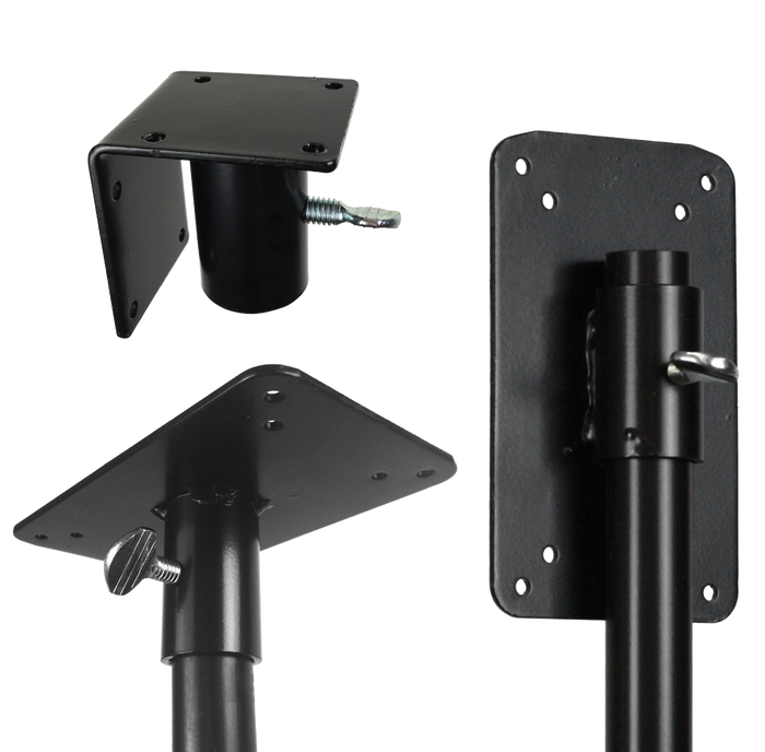 Three black powder coated mounting plate options: vertical, horizontal, and combination. Comes with set screw and works on any 1 inch pole.