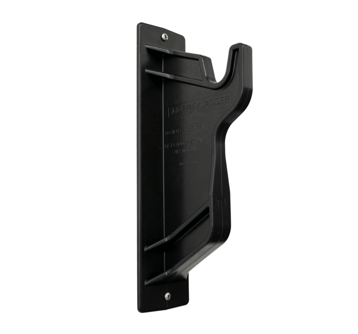 Murphy Door® black wall-mounted ladder holder with hook design, featuring safety warnings embossed on the durable plastic surface.