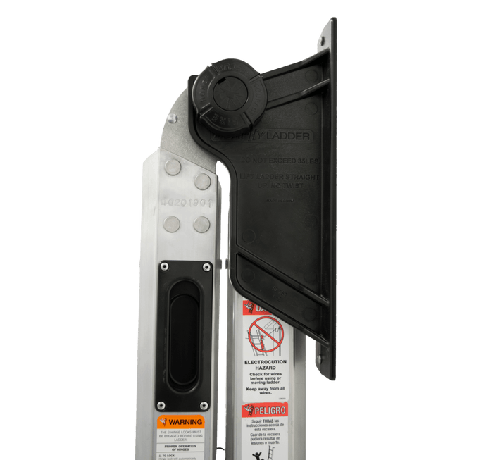 Murphy Door® ladder hinge mechanism with safety warning labels showing electrocution hazard and weight limit of 35lbs on black and silver components.