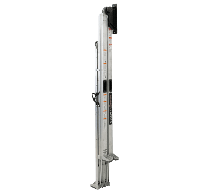 Murphy Door® aluminum extension ladder with safety features, folding design, and integrated mounting hardware.