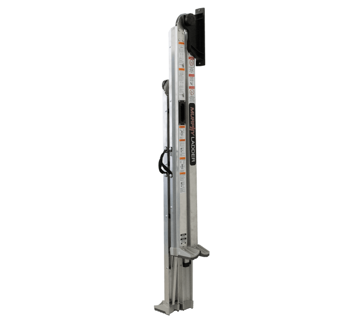 Murphy Door® aluminum folding ladder in silver with safety instructions, compact design for easy storage and installation.