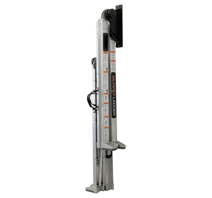Murphy Door® multi-position aluminum ladder in silver with safety instructions, folded position, featuring ergonomic handle and wall mount bracket.