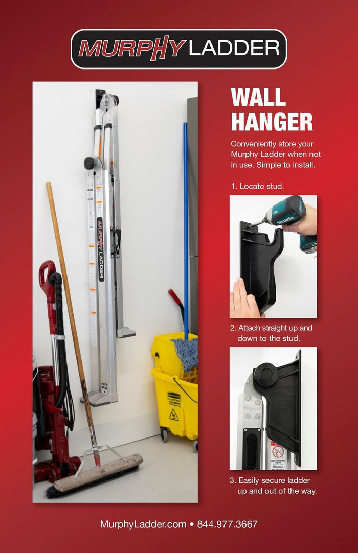 Murphy Ladder wall hanger installation guide showing ladder storage with simple three-step mounting process on red background.
