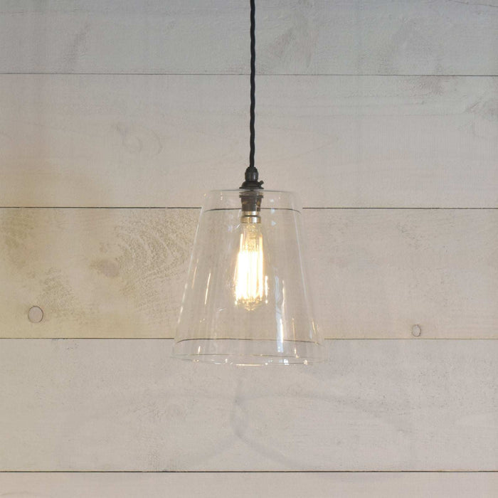 Newbury large clear glass shade pendant light with adjustable cord and warm glow