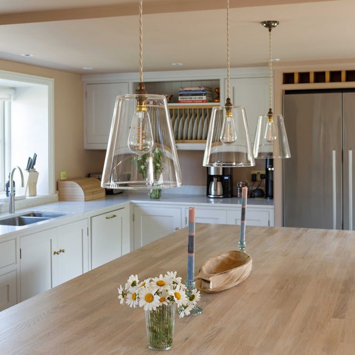 Newbury large clear glass shade pendant light with adjustable cord and warm glow