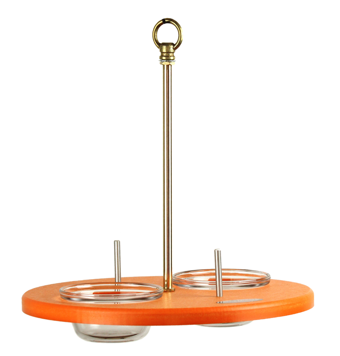 Recycled plastic platform oriole feeder with two glass cups and two aluminum pegs. Brass hardware for hanging.