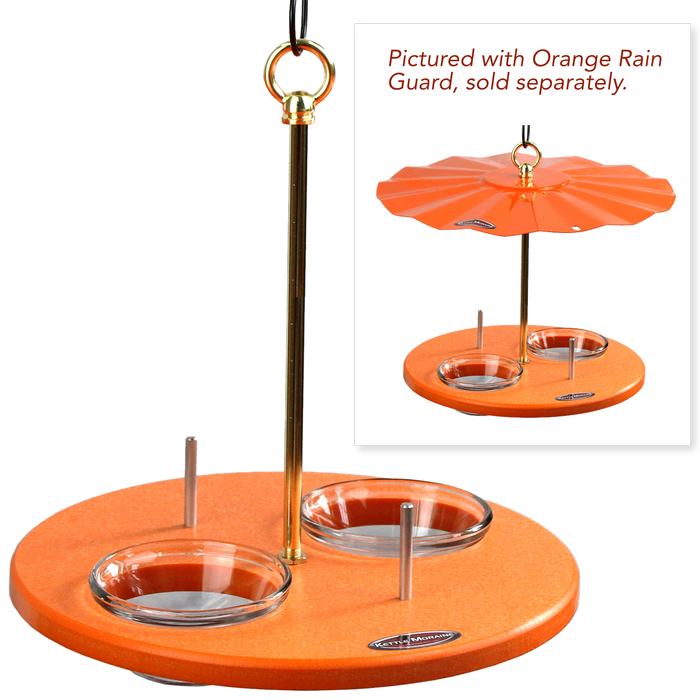 Recycled plastic orange platform feeder with brass hanging hardware, two glass cups and two aluminum pegs. Metal rain guard roof sold separately.