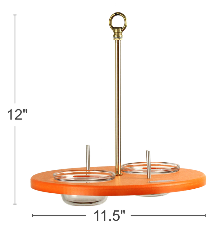 Dimensions of a orange platform oriole feeder: 12 inches tall and 11.5 inches wide