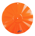 A bright orange, round, powder-coated metal rain guard for oriole feeders with a visible logo.