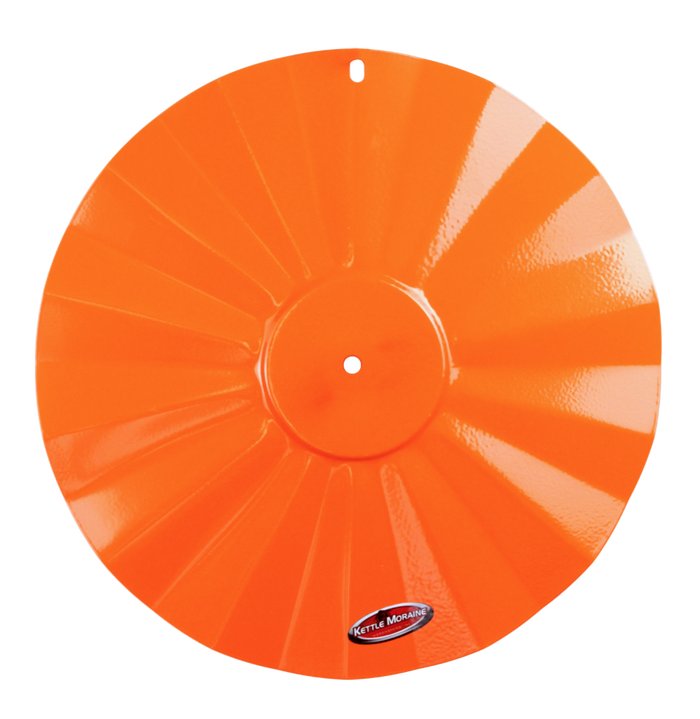 A bright orange, round, powder-coated metal rain guard for oriole feeders with a visible logo.