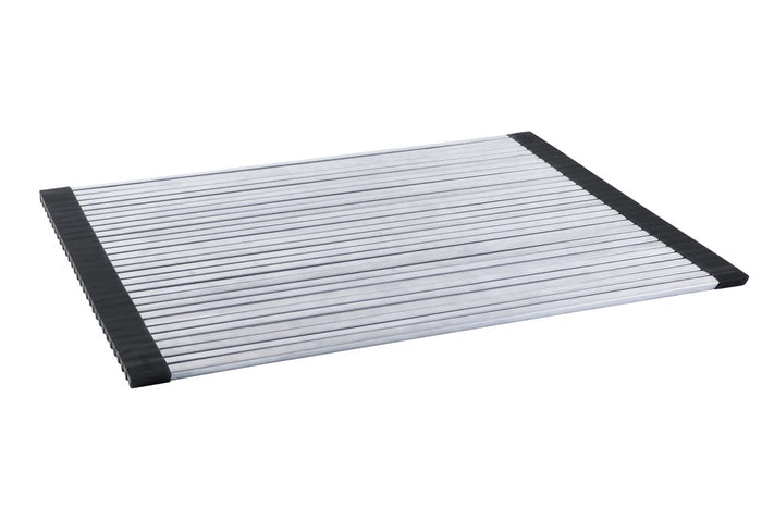 Over-the-sink roll-up dish drying rack laid flat on a white background