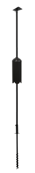 Black metal pole with a bottom bracket mount on top and a squirrel baffle halfway down.