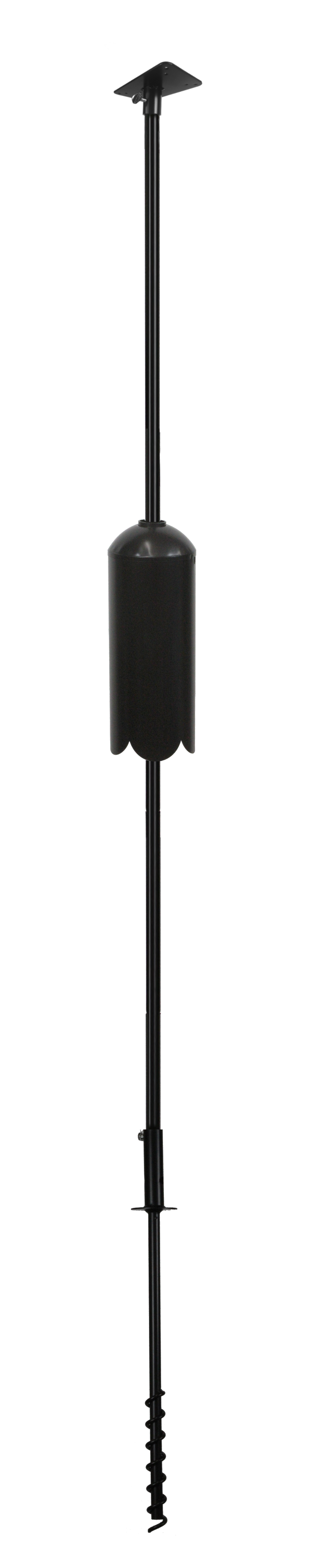Black metal pole with a bottom bracket mount on top and a squirrel baffle halfway down.