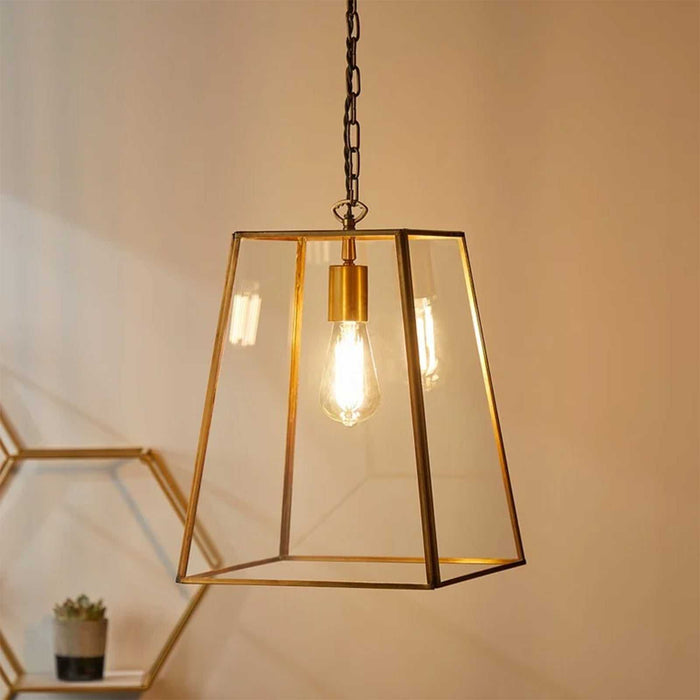 Large Luxor Lantern Pendant Light with clear glass panels and antique brass frame