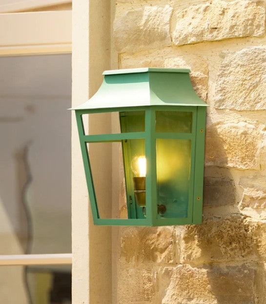 Majorelle IP44 outdoor wall lantern in antiqued brass for exterior lighting