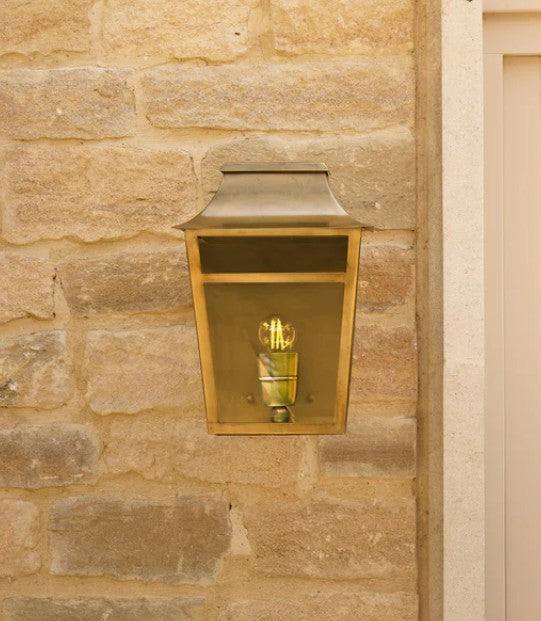 Majorelle outdoor wall lantern in antiqued brass with IP44 rating for exterior and porch lighting