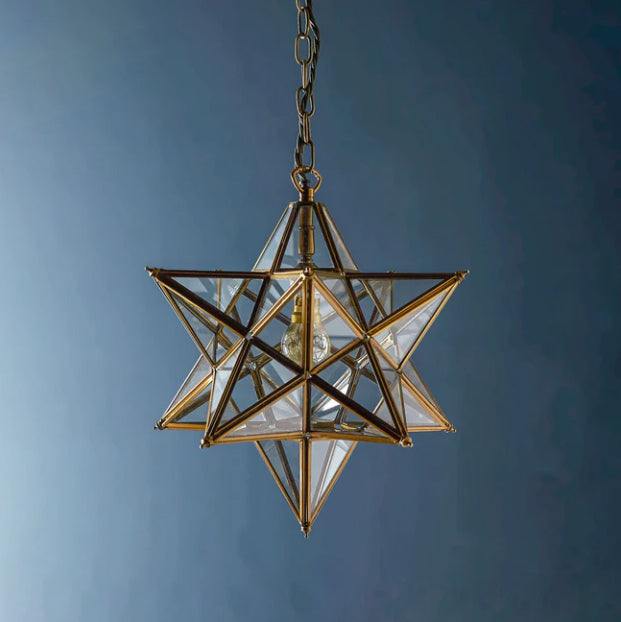 Pooky Stella Star Pendant Light medium clear glass star-shaped ceiling light with faceted design and brasswork details