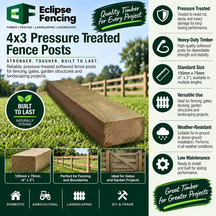 Pressure-Treated Timber Fence Posts 4x3 x 8ft (100mm x 75mm x 2.4m ) – Strong, Durable & Reliable Green-Eclipse Fencing
