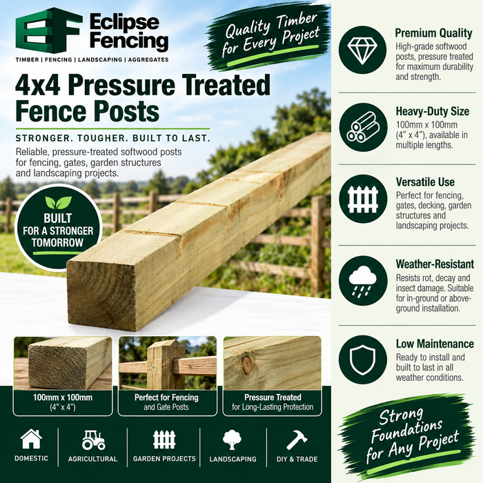 Pressure-Treated Timber Fence Posts 4x4 (100mm x 100mm) – Strong, Durable & Long-Lasting Green-Eclipse Fencing