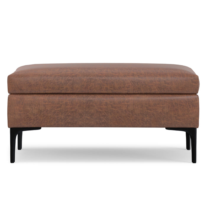 Distressed Saddle Brown Distressed Vegan Leather | Rebecca Rectangular Coffee Table Storage Ottoman with Lift Up in Distressed Vegan Leather