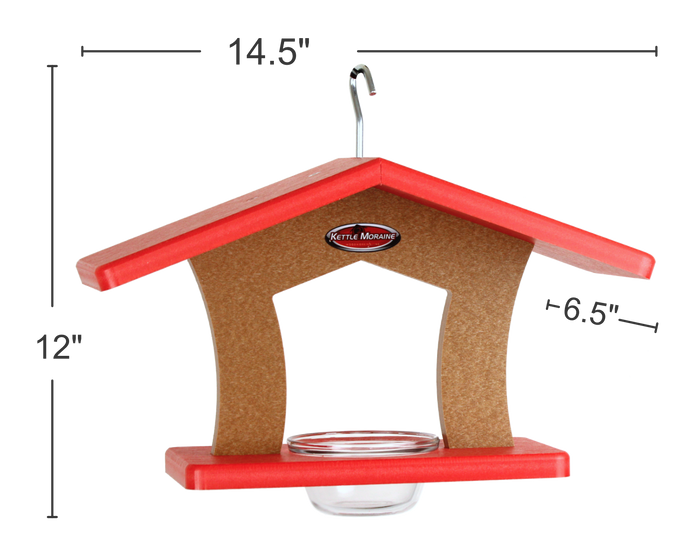 Recycled single cup feeder is 12 inches tall, 14.5 inches long, and 6.5 inches wide. Holds a single glass jar and hangs form a silver hook.