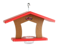 Recycled plastic single cup feeder has a brown body with red roof and red platform. Holds a single glass dish and hangs from silver hook.