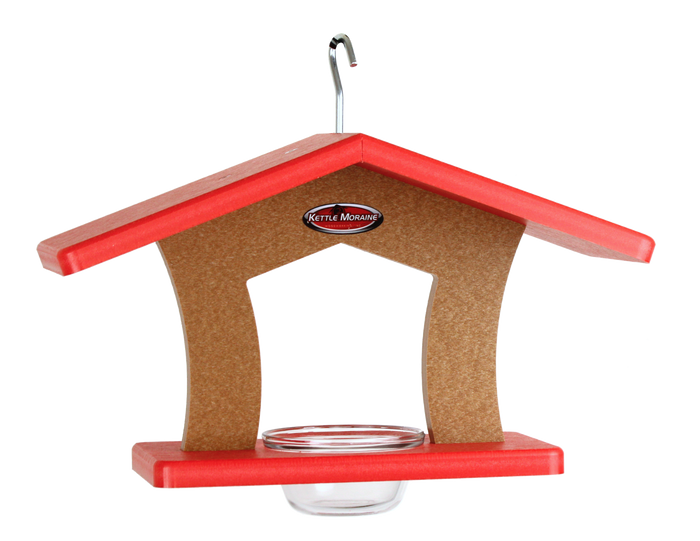 Recycled plastic single cup feeder has a brown body with red roof and red platform. Holds a single glass dish and hangs from silver hook.