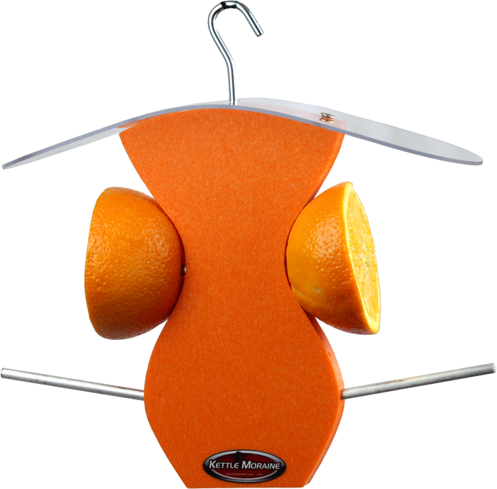 Curved oriole feeder holds two orange halves on it with two perches below. Features a clear roof and silver hanging hook.