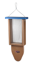 A brown bird feeder with a blue top made of recycled plastic. Has a wire mesh side. Feeder has a hanging cable and rounded tail prop.