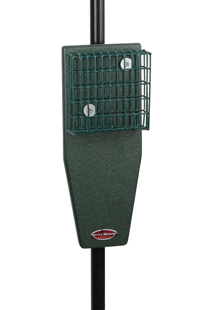Pole mount suet feeder made with green heavy coated wire cage and green recycled plastic tail prop.