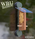 Window mount suet feeder is brown with a green mounting bracket and clear roof. Uses two suction cups to hold. WBU Exclusive