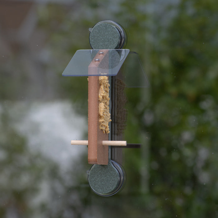 Recycled plastic brown and green window mounted feeder holds suet spread in holes on both sides with a perch extending below.