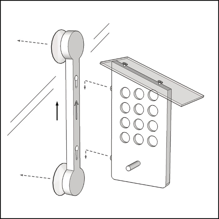 Diagram of how the body of the suet feeder attaches and detaches from the window mount bracket for easy cleaning and refilling.