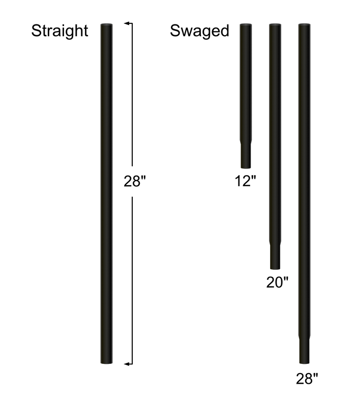 Replacement bird feeder poles in three sizes. 12 inches long swaged, 20 inches long swaged, and 28 inches. The 28 inch option is can be straight or swaged.