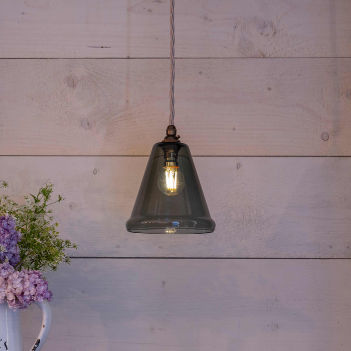 Rye Small Smoked Glass pendant light with hand-blown smoked glass shade and adjustable flex length for stylish compact space lighting
