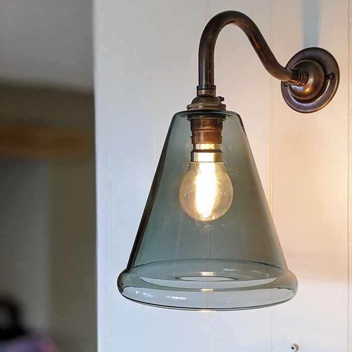 Rye Smoked Glass wall light with traditional swan neck and dark smoked glass shade