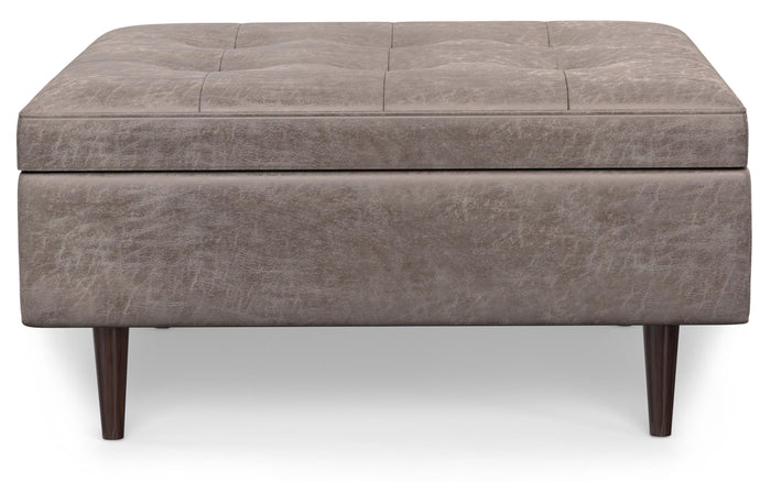 Distressed Grey Taupe Distressed Vegan Leather | Shay Mid Century Large Square Coffee Table Storage Ottoman