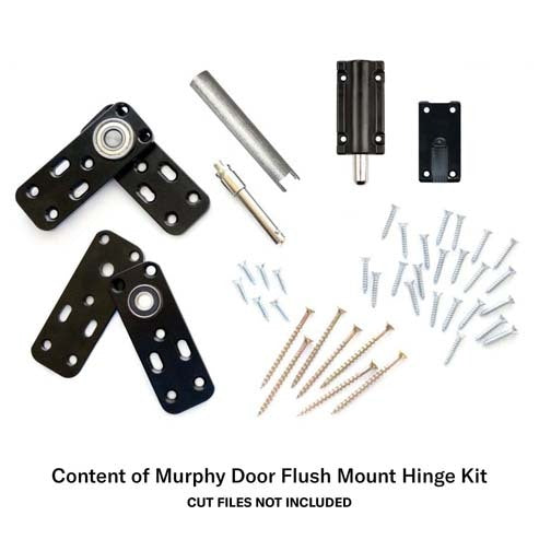 Murphy Door® flush mount hinge kit components: black metal brackets, silver cylinder, mounting hardware and various screws for installation.