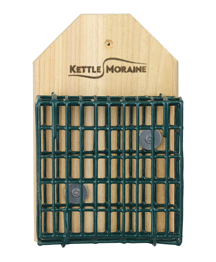 A cedar wood suet feeder with a green vinyl coated wire mesh cage and a flip-down front opening, branded with 'Kettle Moraine'.