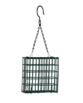 Green vinyl coated wire mesh cage for holding suet cake block with black chain and hook clipped to the side for hanging.