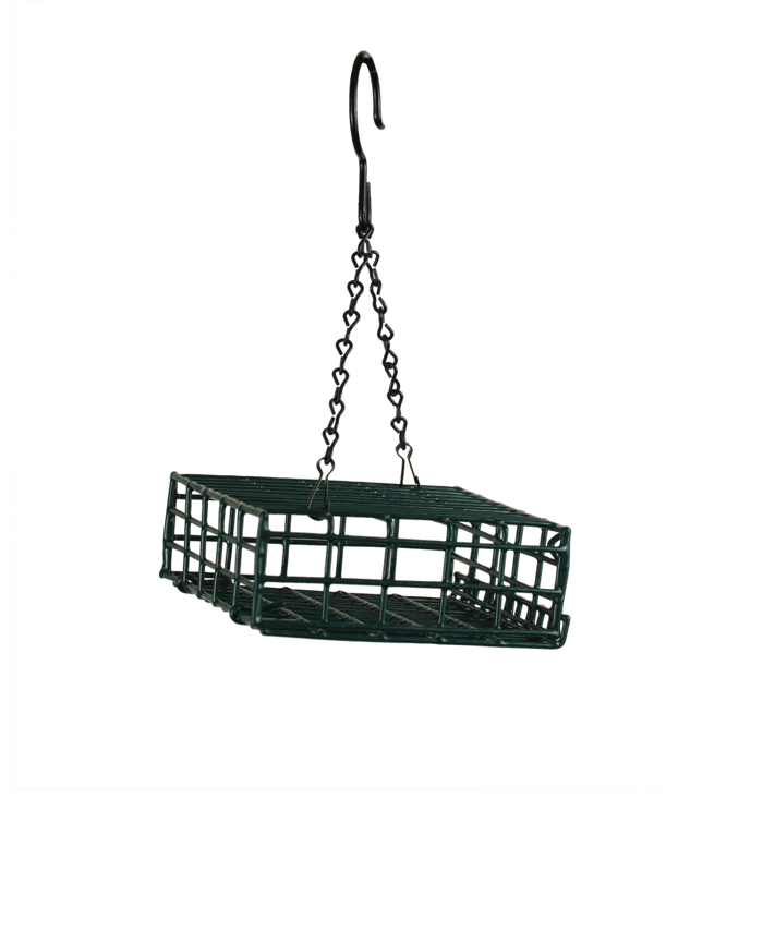 Green vinyl coated wire mesh cage for holding suet cake block with black chain and hook clipped to the back or bottom for hanging.