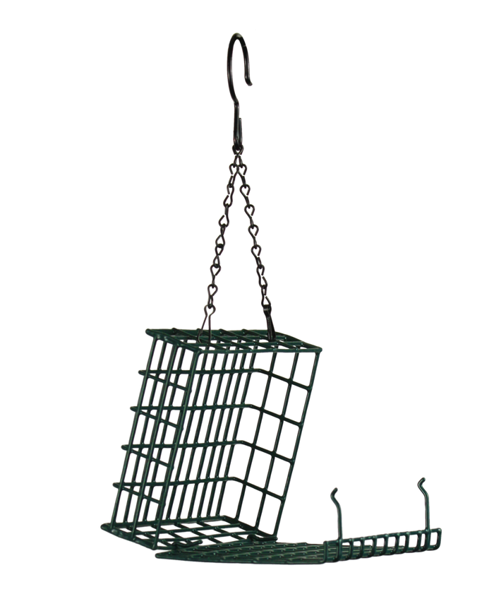 open hanging suet cage with green vinyl coating on wire mesh. Hanging from black chains and hook.