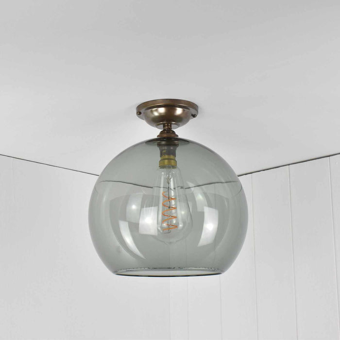 Soho large smoked glass shade flush ceiling light with handblown British glass for low ceilings
